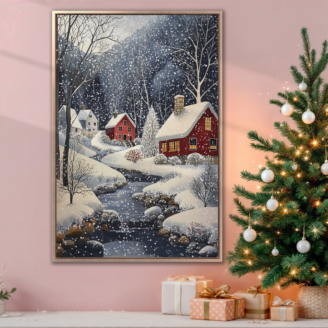 Framed Wall Art: Winter landscape Canvas Print with red houses, snowy scene, and cool color palette. Perfect for cozy home decor.