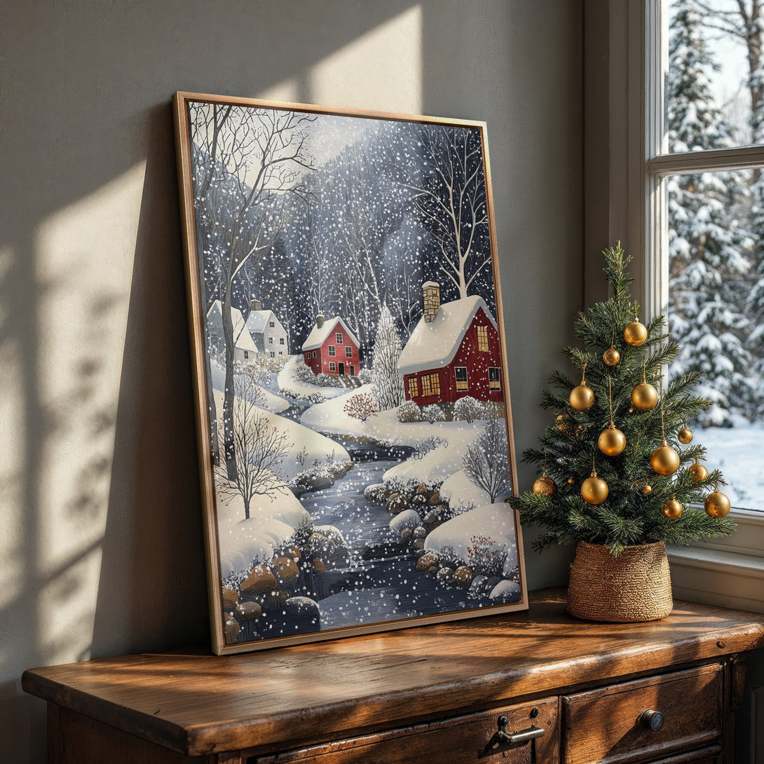 Framed Wall Art: Winter landscape Canvas Print with red houses, snowy scene. Cozy art in a blue, white, and red color palette. Perfect for winter decor!