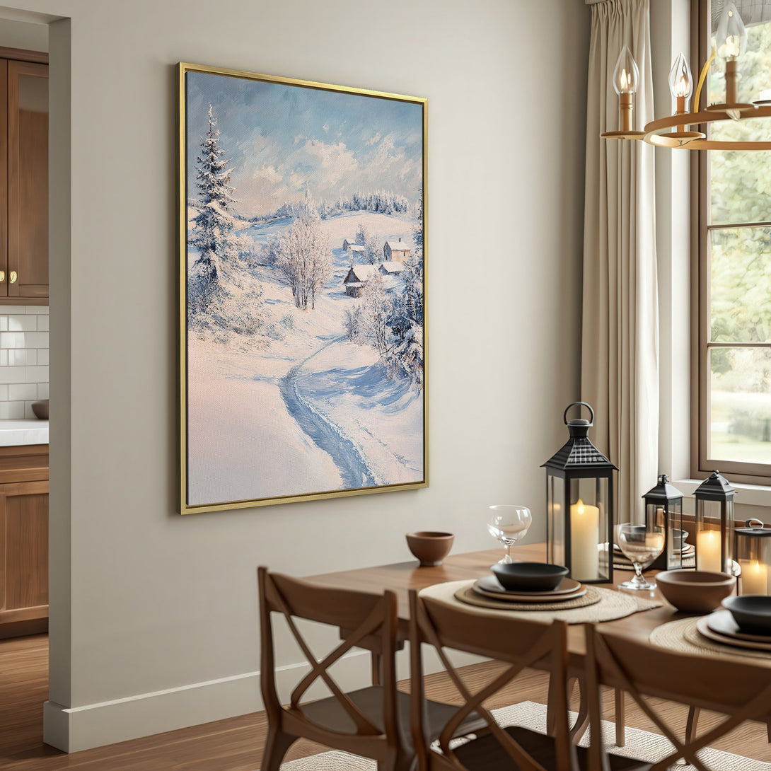 Canvas Print of a winter landscape painting in blue and white hues, perfect for rustic home decor.