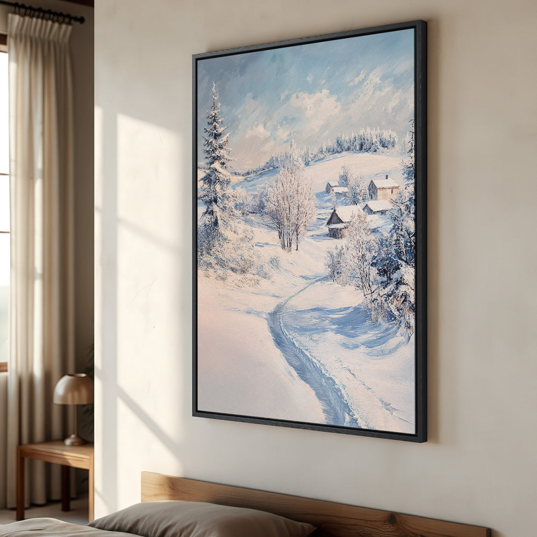 Framed Wall Art: Winter landscape canvas print in cool blue and white tones. Perfect for adding a touch of serene beauty to your home decor.