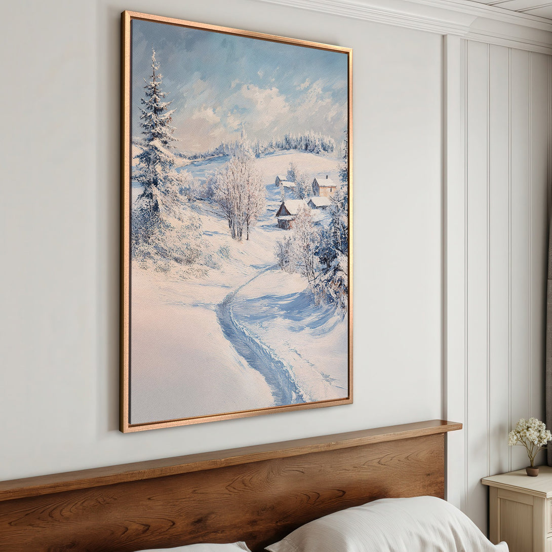 Framed Wall Art: Winter landscape painting with snowy trees and houses, featuring a cool blue and white color palette. Perfect for cozy home decor.