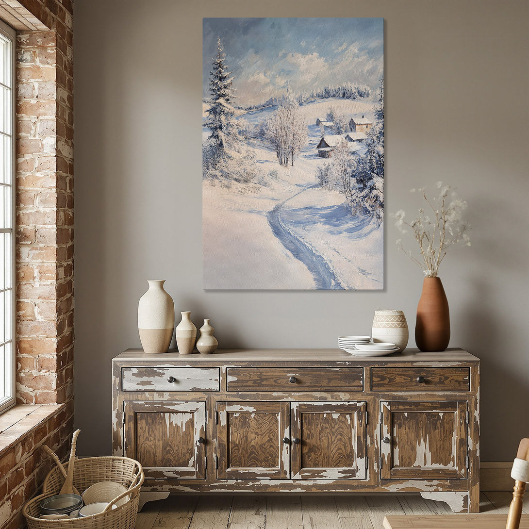 Framed Wall Art: Winter landscape painting with snow-covered trees and houses. Blue, white, and neutral color palette. Perfect for cozy home decor.