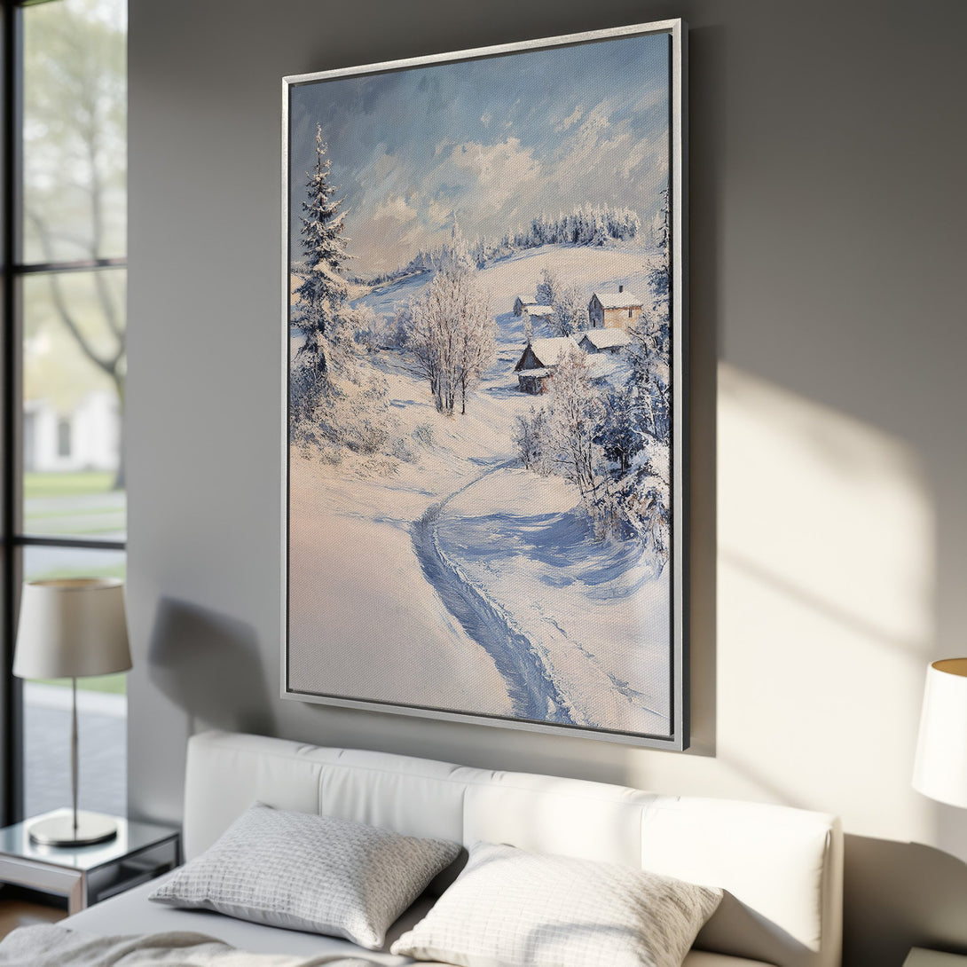 Framed Wall Art: Winter landscape Canvas Print in cool blue, white, and beige tones. Perfect for adding a touch of serenity to your home decor.
