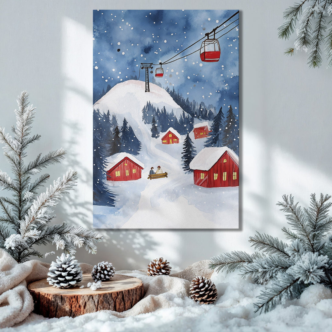 Framed Wall Art: Watercolor winter scene with ski lift and red cabins. Blue, white, and red palette. Perfect holiday decor.