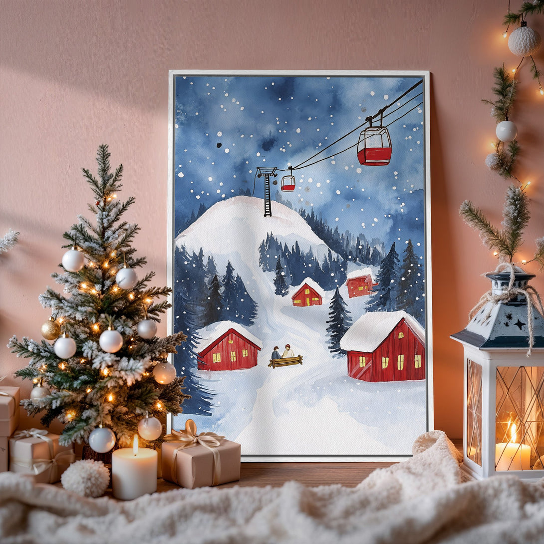 Framed Wall Art: Watercolor winter landscape Canvas Print with red cabins and ski lift. Blue, white, and red color palette. Perfect for cozy holiday decor.
