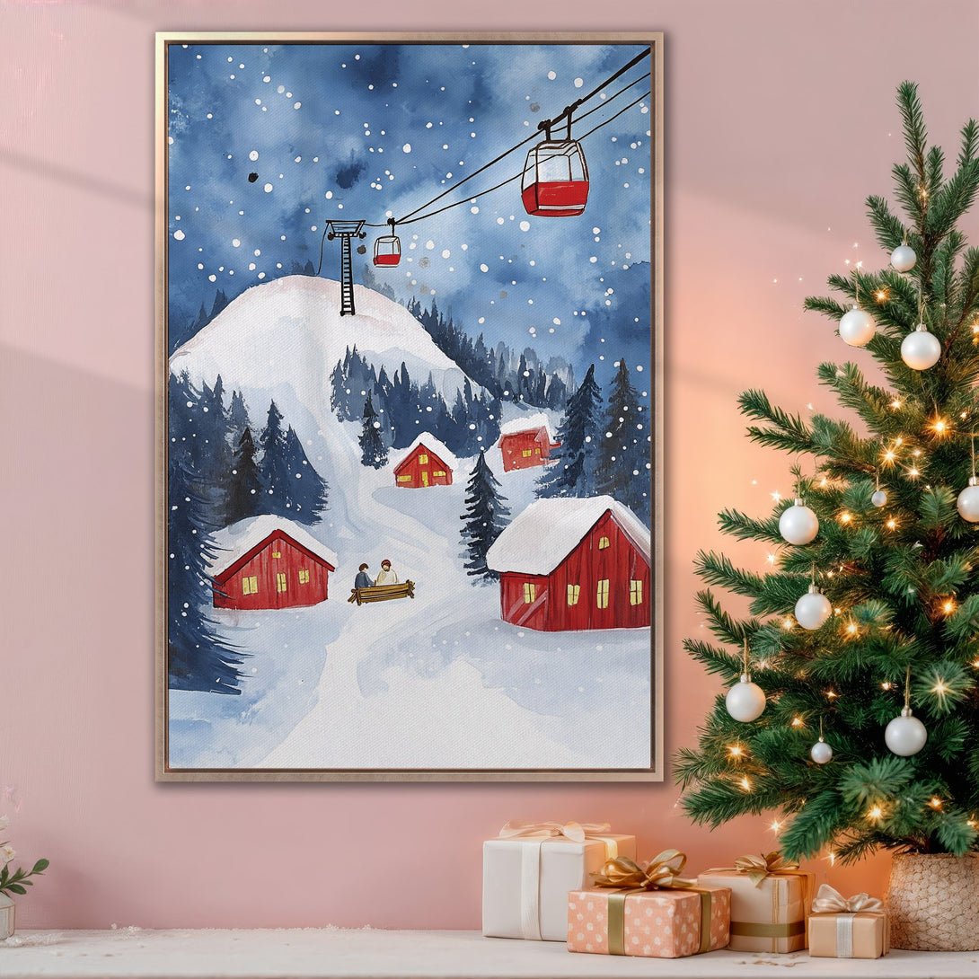 Framed Wall Art: Watercolor winter scene with red cabins, ski lift, and snowy mountain. Blue and white palette, perfect for cozy home decor.