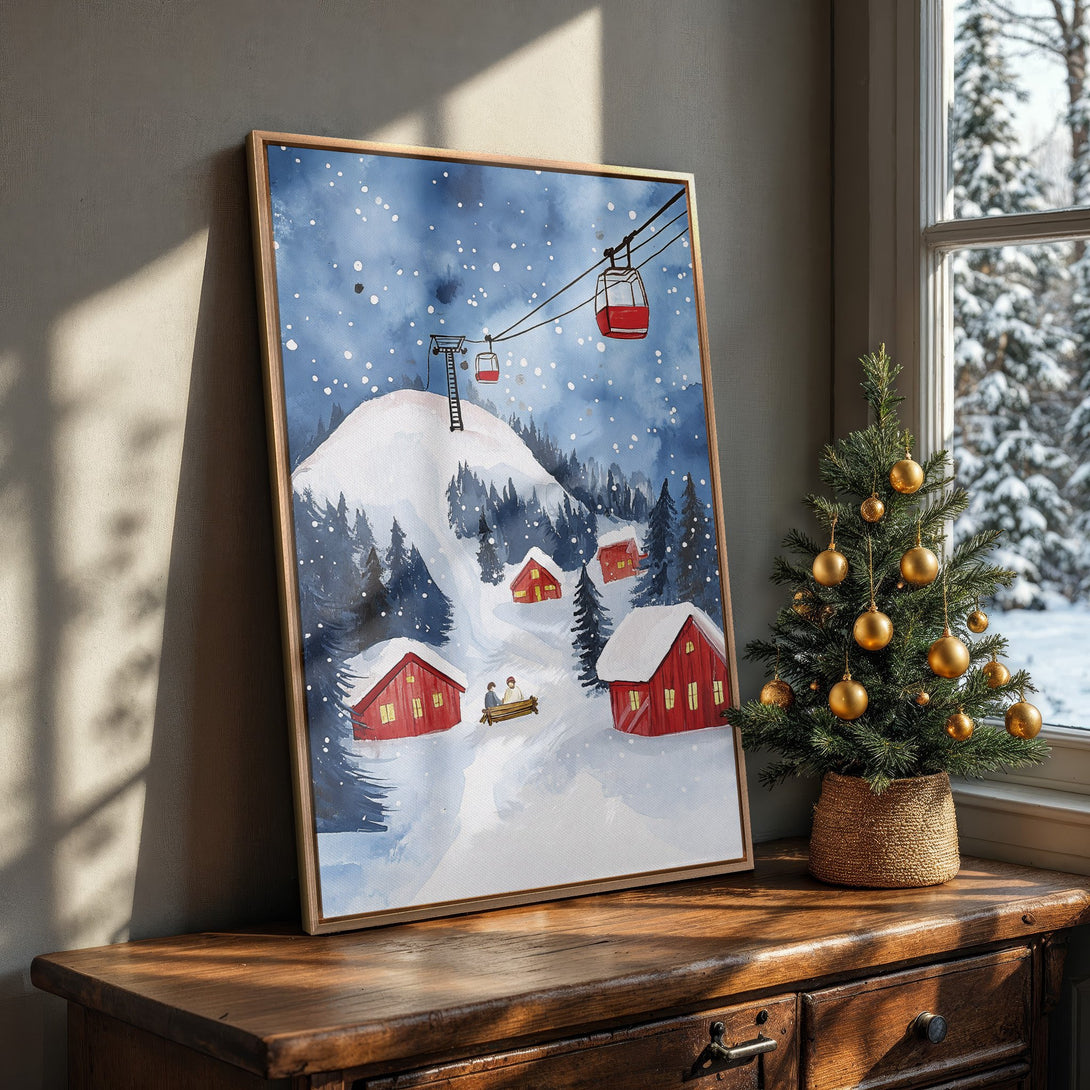 Framed Wall Art: Watercolor winter landscape with red cabins and ski lift. Blue, white, and red color palette. Perfect for cozy home decor.