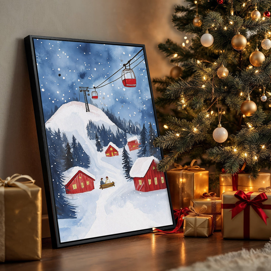 Framed Wall Art: Watercolor winter ski scene in blue, red, and white. Perfect Christmas decor! Add cozy charm with this beautiful canvas print.