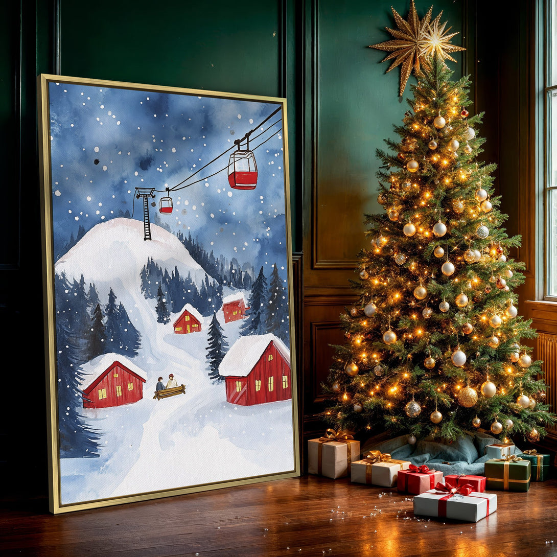 Canvas Print of a winter watercolor scene with red cabins, ski lift, and snowy mountain. Blue and red color palette. Cozy wall art.