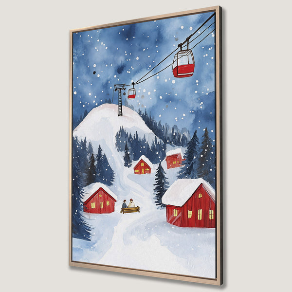 Framed Wall Art: Watercolor winter scene with red cabins, ski lift, and snowy mountains. Blue and white color palette adds a cozy touch to your home decor.