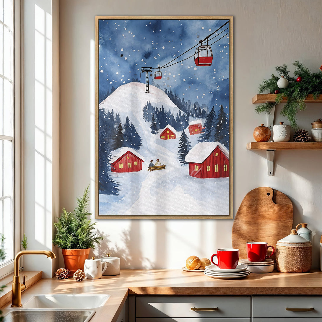 Framed Wall Art: Watercolor winter landscape with red cabins, ski lift, and snowy mountain. Blue, white, and red color palette. Perfect for cozy decor!