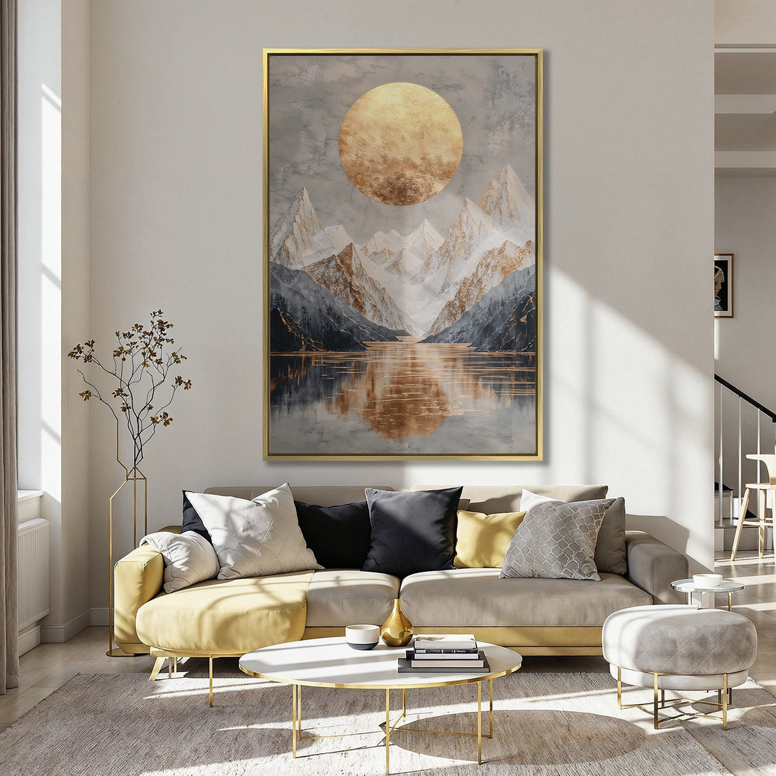 Canvas Print of a mountain landscape with a golden sun, in a modern style. Features a neutral and gold color palette.