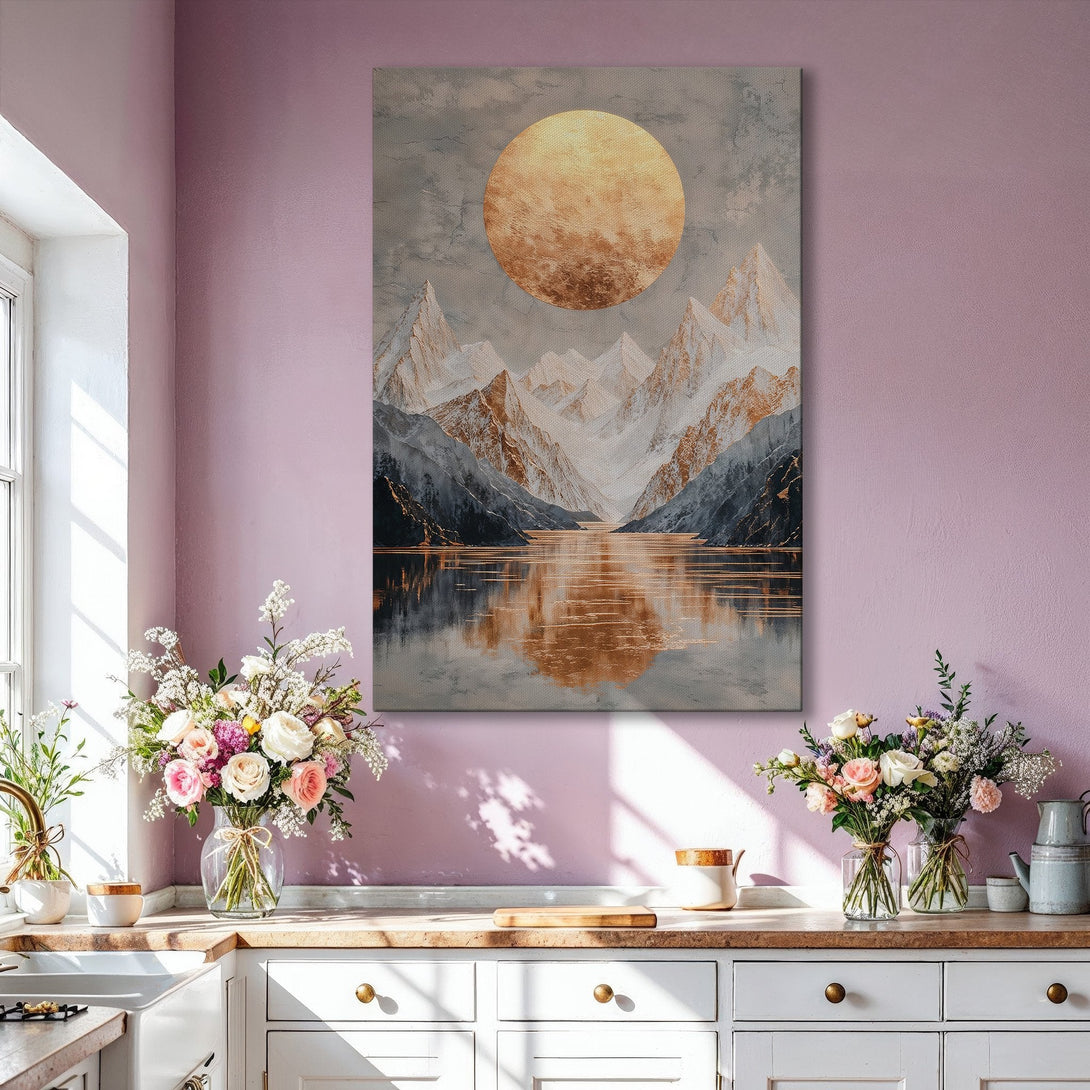 Framed Wall Art: Abstract mountain landscape in gold, gray, and blue. Modern art canvas print adds a touch of elegance to any living room.