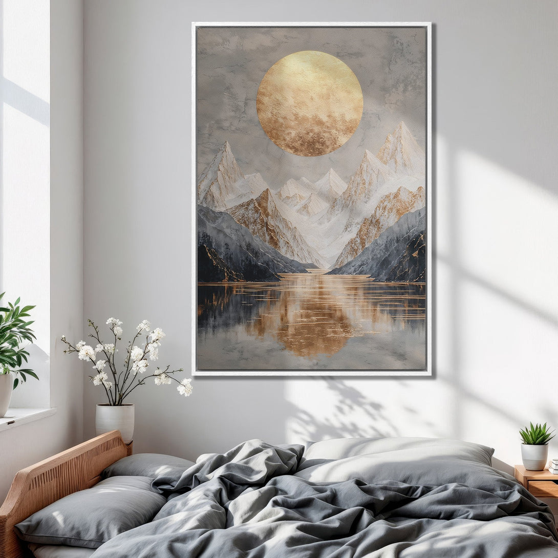 Framed Wall Art featuring a serene mountain landscape with a golden sun, in a neutral gray and gold color palette, perfect for bedroom decor.