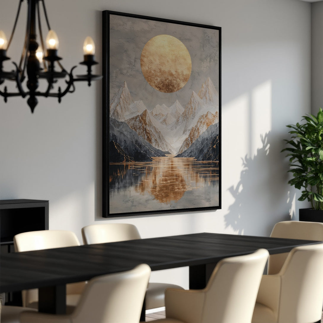 Framed Wall Art: Abstract mountain landscape in neutral tones with gold accents. Modern canvas print for elegant home decor.