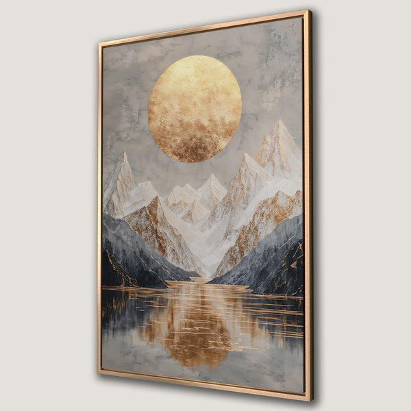 Framed Wall Art: Golden mountain landscape Canvas Print with a serene lake. Neutral color palette with gold accents, perfect for modern home decor.