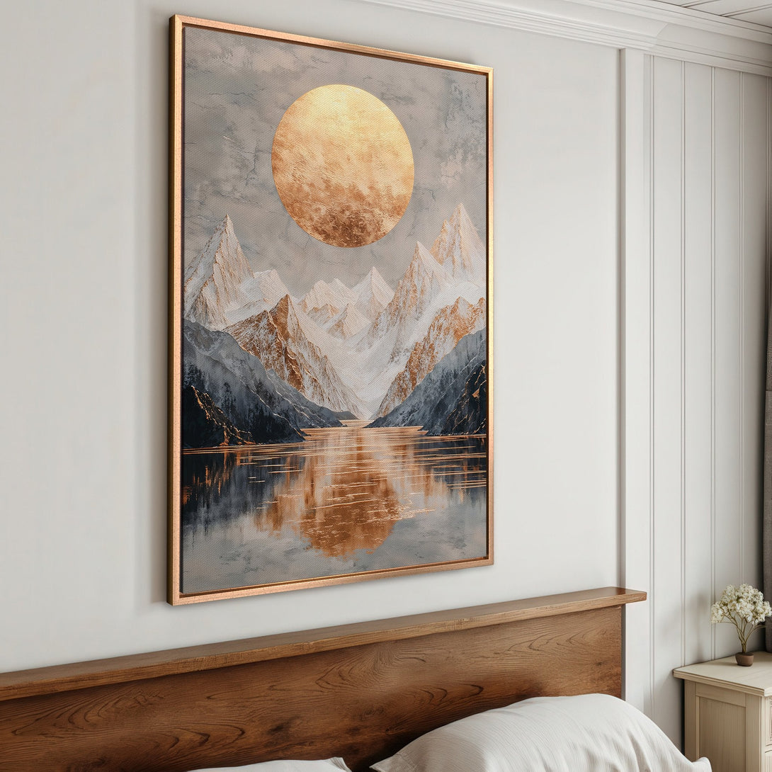 Framed Wall Art: Mountain landscape Canvas Print with gold accents. Modern art in neutral gray, white, and gold tones. Perfect for bedroom decor.