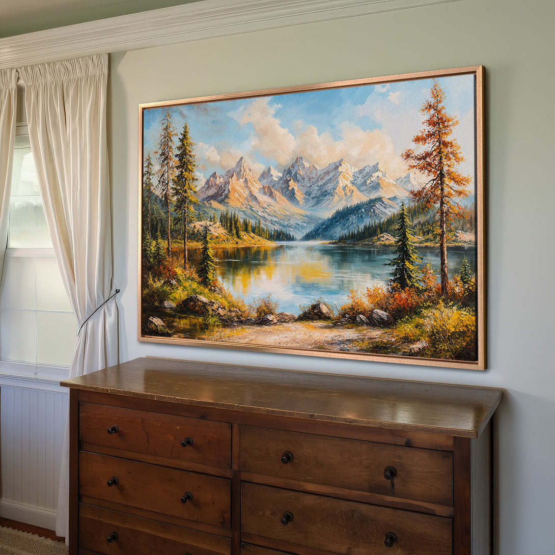 Framed Wall Art featuring a stunning mountain lake landscape painting in warm, earthy tones. Perfect for adding a touch of nature and elegance to your home decor.