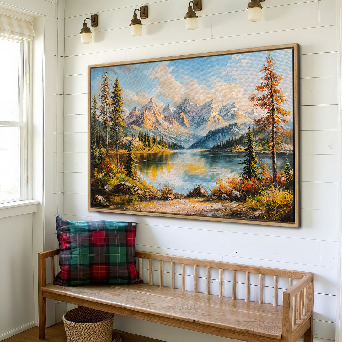 Framed Wall Art: Mountain lake landscape painting in warm tones. Rustic style canvas print adds cozy charm to any space. Shop now for stunning wall decor!