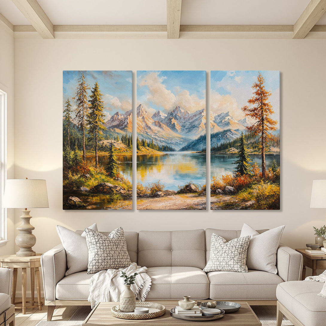 Canvas Print of a mountain lake landscape painting with warm, autumnal colors. Rustic art for home decor.