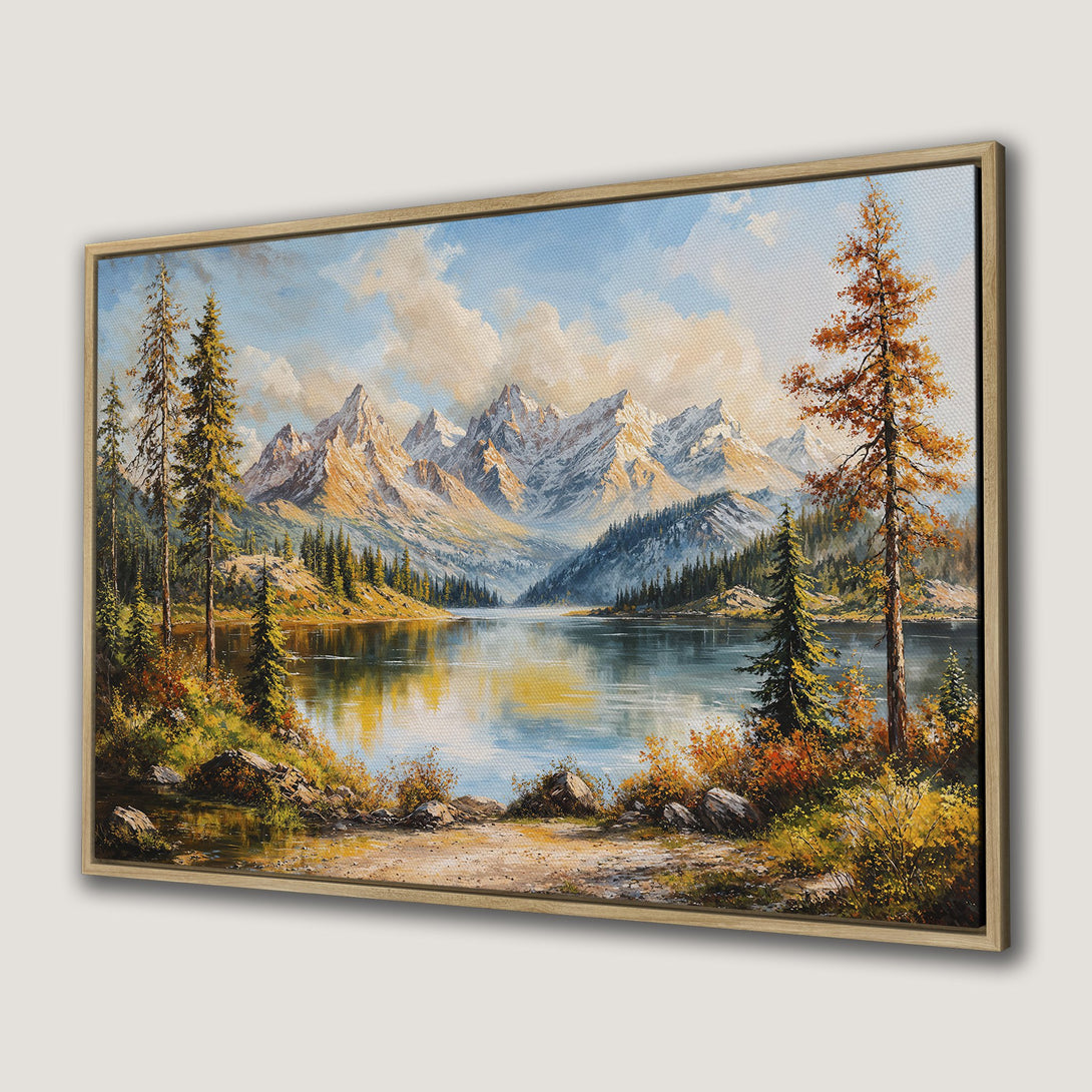 Framed Wall Art: Mountain lake landscape painting in warm tones. Bring nature's beauty indoors with this stunning canvas print.