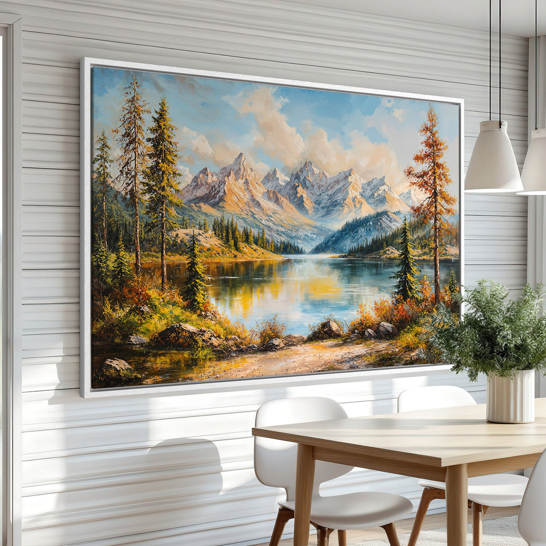 Framed Wall Art: Majestic mountain lake landscape painting in warm, earthy tones. Perfect for adding a touch of nature's beauty to your home decor.