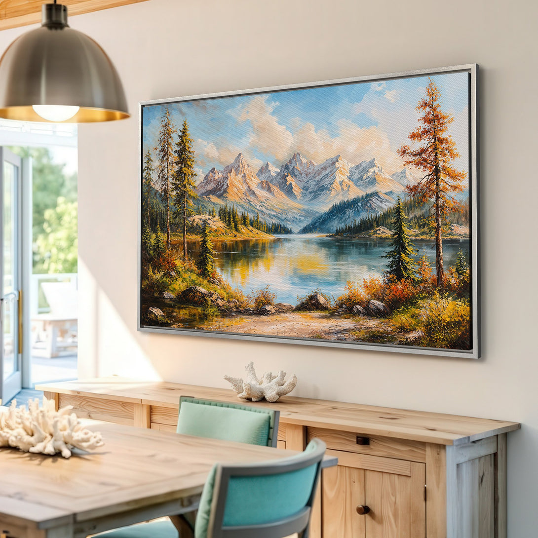 Framed Wall Art: Stunning mountain lake landscape Canvas Print. Warm, inviting color palette with blues, greens, and golds. Perfect for any home decor.