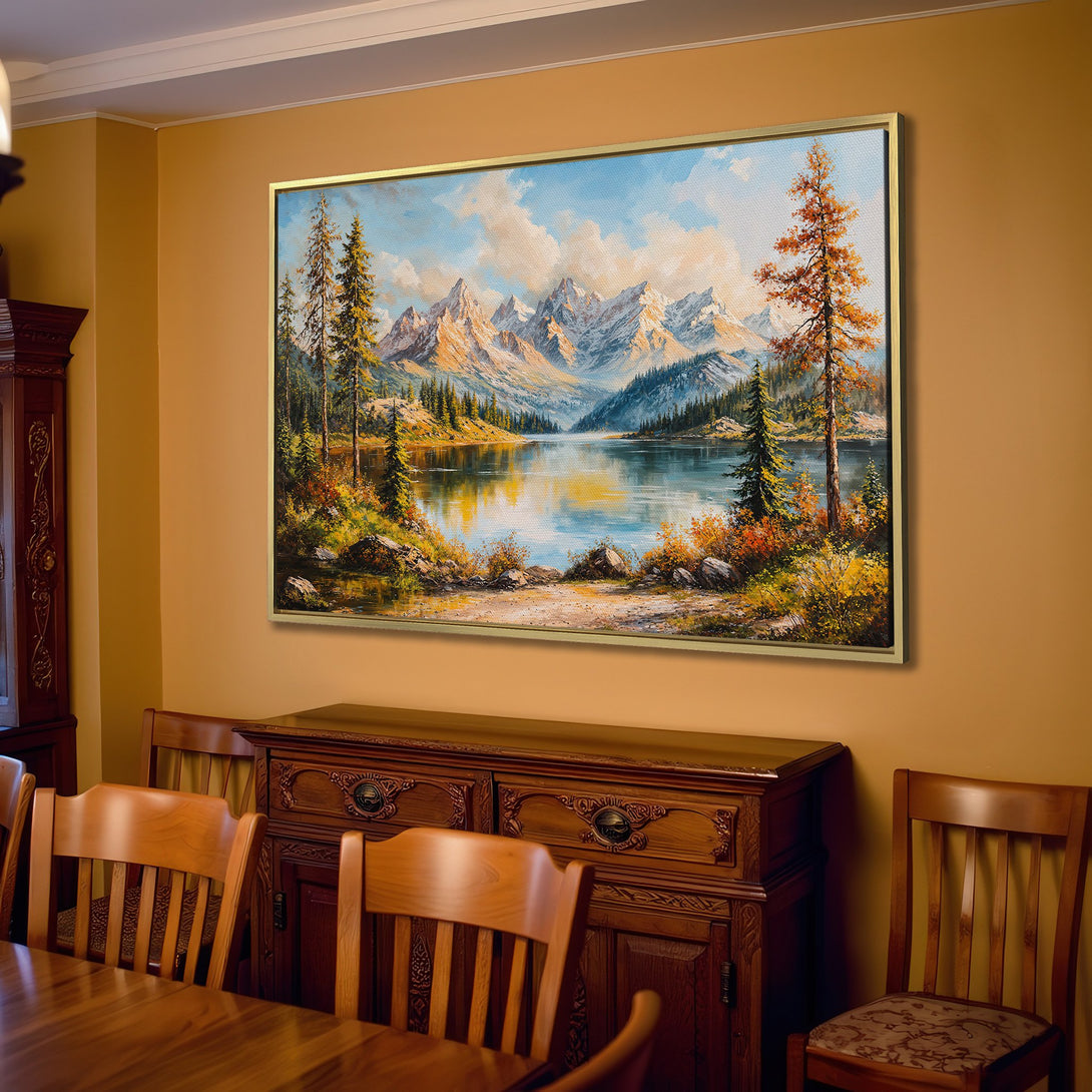 Canvas Print of a serene mountain lake landscape in warm, earthy tones. Perfect for adding a touch of nature to your home decor.