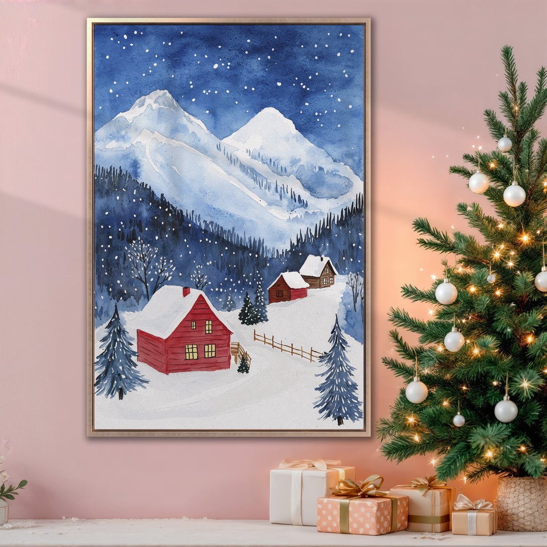 Framed Wall Art: Watercolor winter scene with snowy mountains and cozy red cabins. Blue and white color palette, perfect for holiday decor.