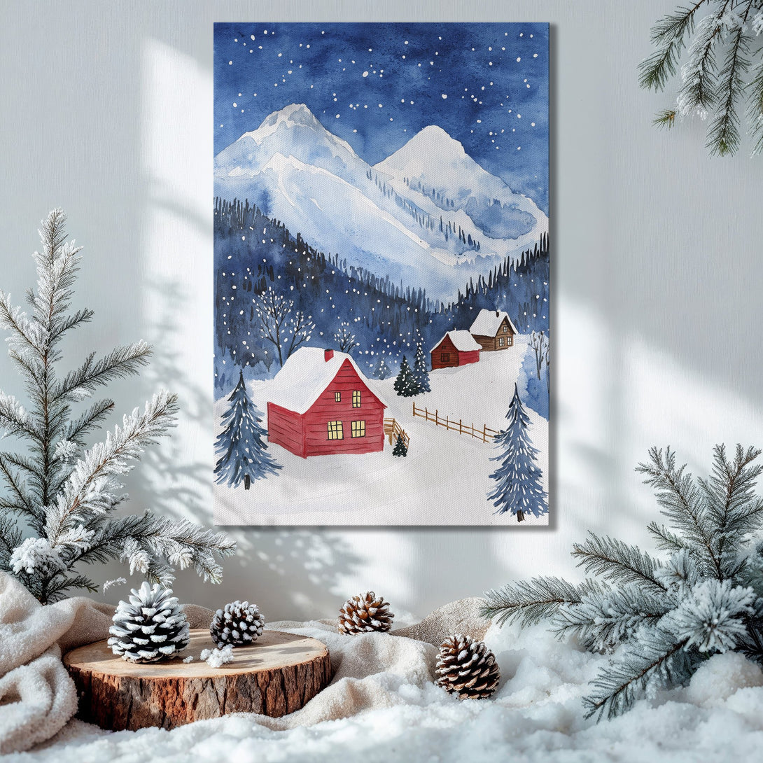 Framed Wall Art: Watercolor winter landscape with red cabins, blue mountains, and a cozy Christmas tree. Perfect holiday decor in blue, red, and gold hues.