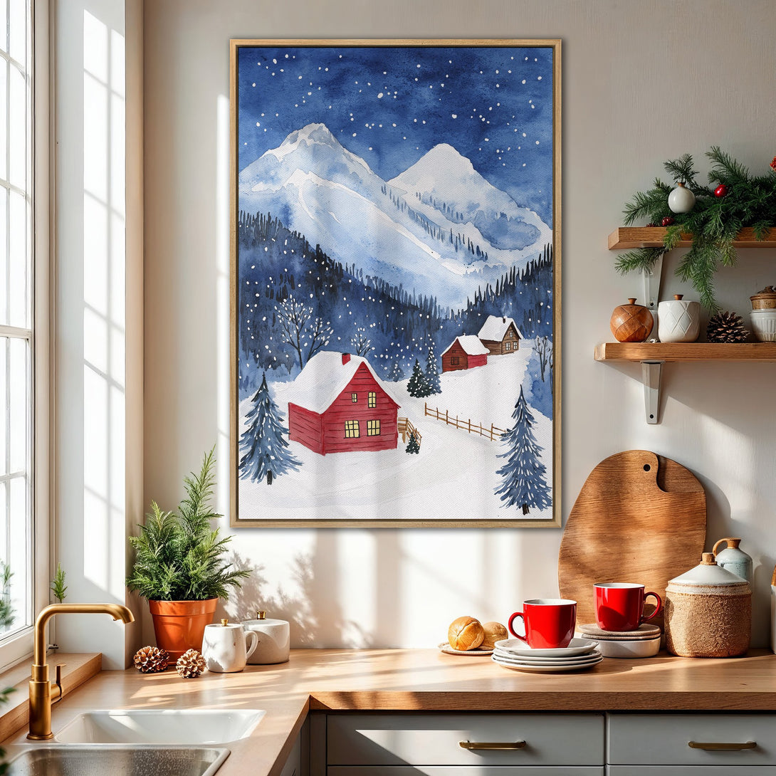 Framed Wall Art: Watercolor winter mountain scene in blue and red. Cozy cabin art for your home. Bring the beauty of nature indoors!