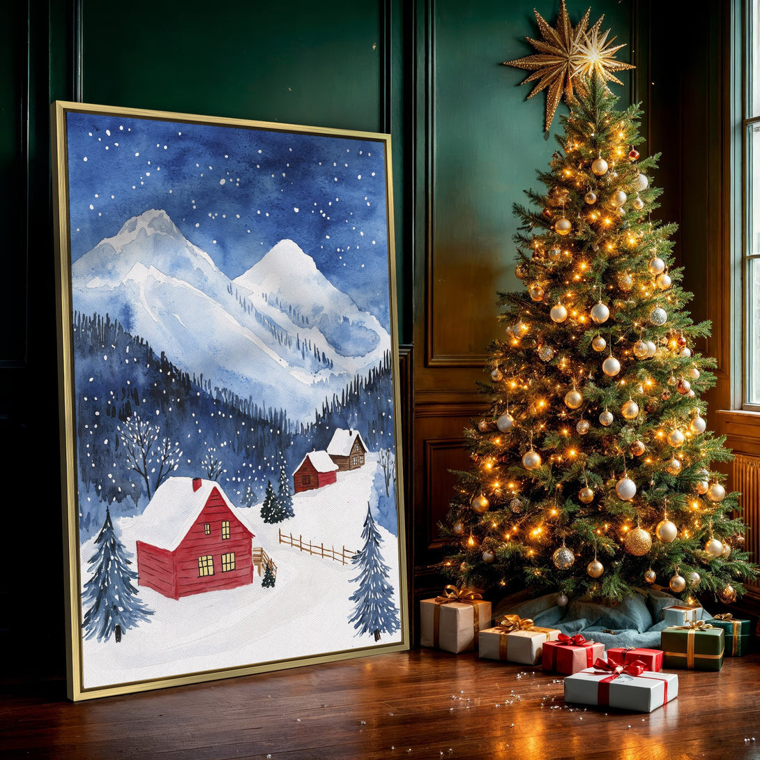 Canvas Print of a watercolor winter landscape with snow-covered mountains, cabins, and a blue and white color palette. Perfect wall art for cozy decor.
