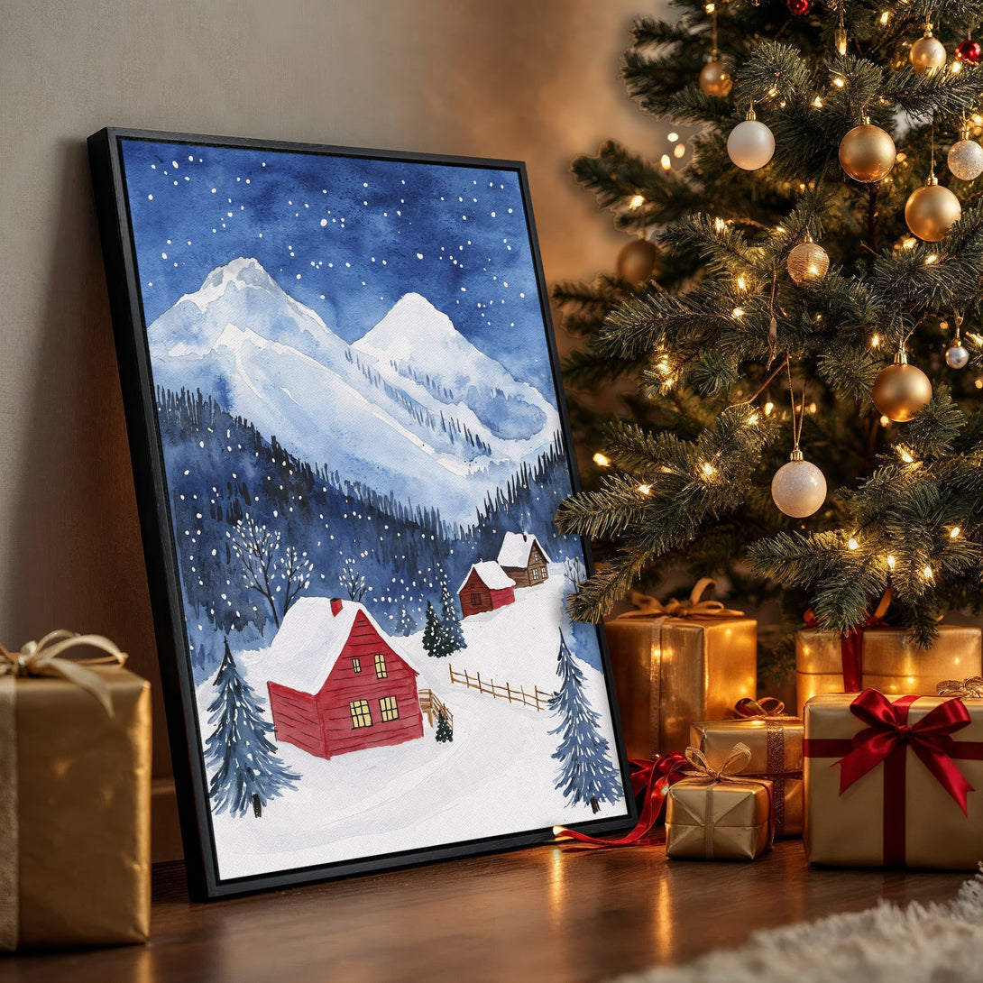 Framed Wall Art: Watercolor winter landscape with red cabins, snowy mountains, and a blue and white color palette. Perfect for holiday decor!