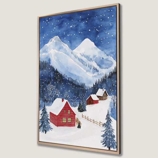 Framed Wall Art: Watercolor winter landscape with snow-covered mountains and red cabins. Blue and white color palette. Perfect for cozy home decor.