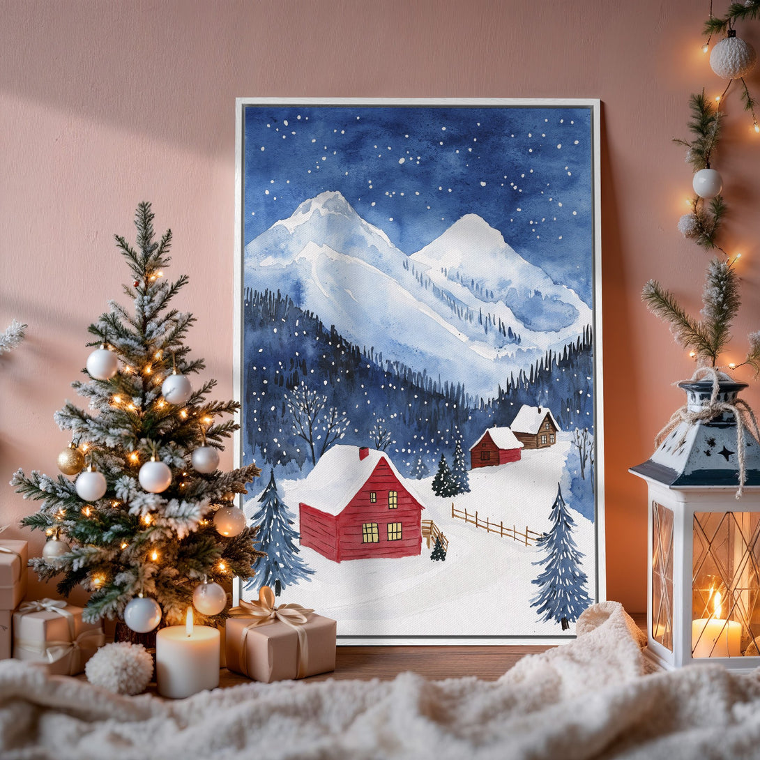 Watercolor Canvas Print of a winter scene with snowy mountains and red cabins. Blue and white color palette, perfect for cozy decor.
