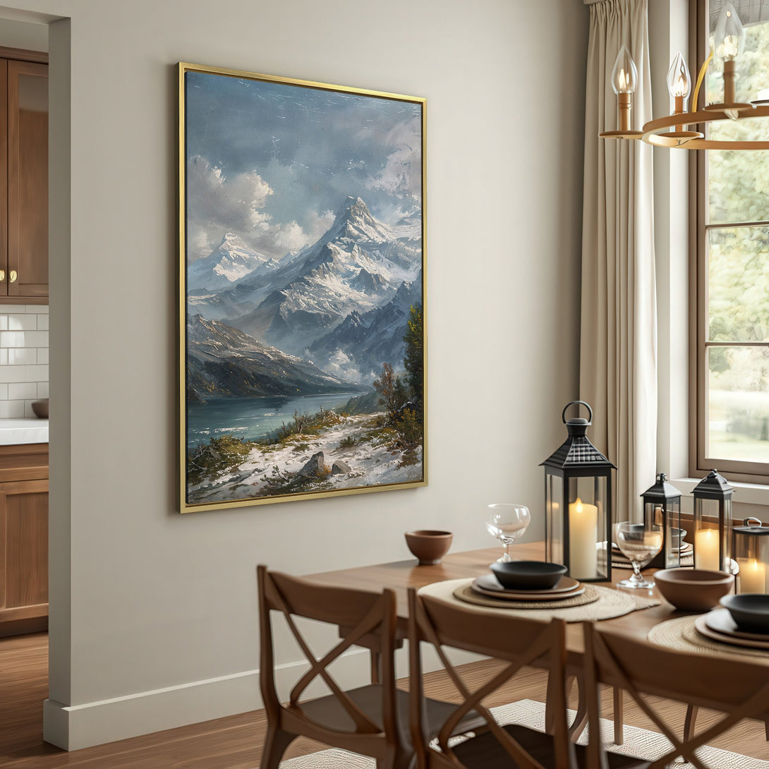 Canvas Print of a majestic mountain landscape in cool blues and grays, displayed in a cozy, rustic interior. Perfect wall art!
