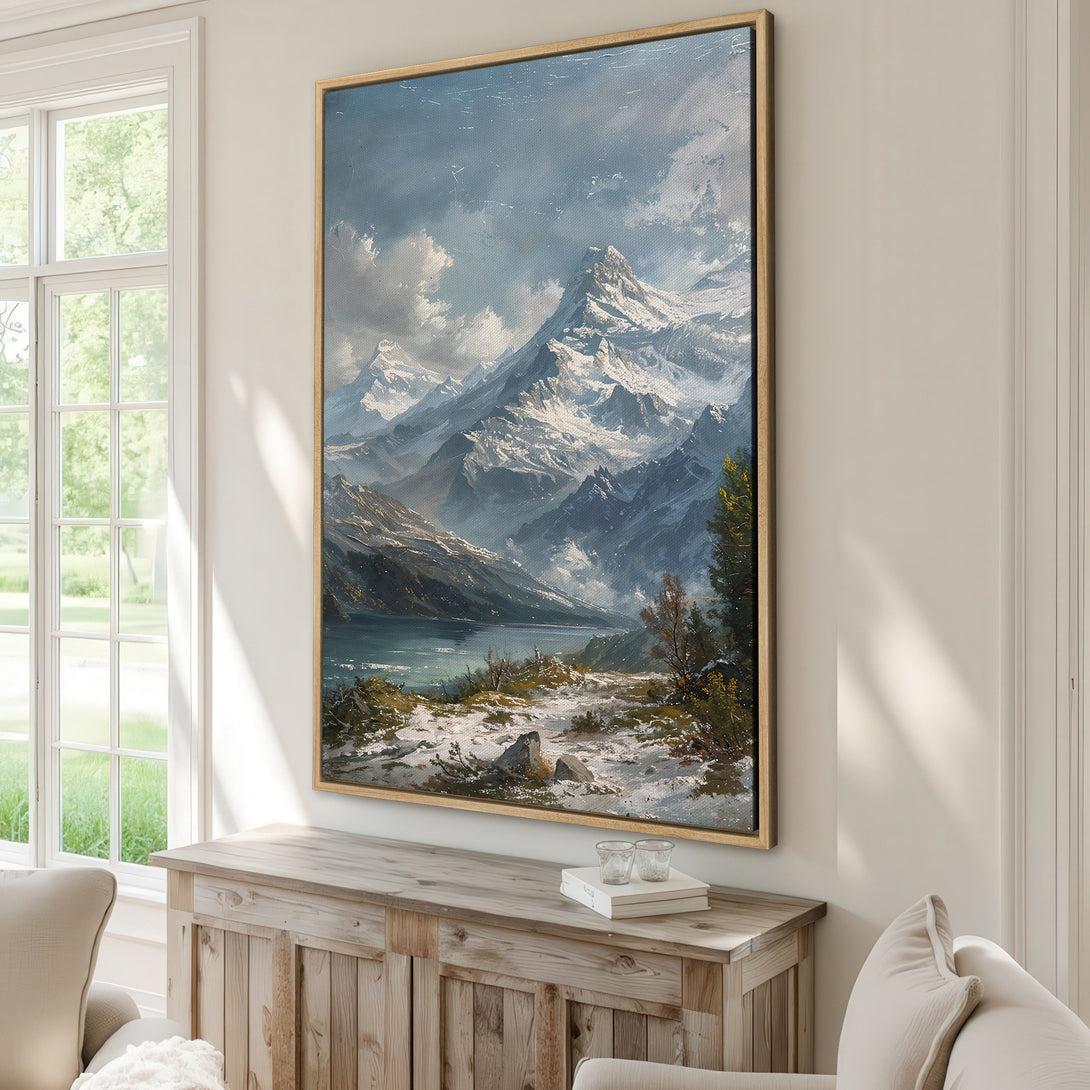 Framed Wall Art: Mountain landscape canvas print in cool blue, gray, and white tones. Perfect for adding a touch of nature and serene beauty to any room.