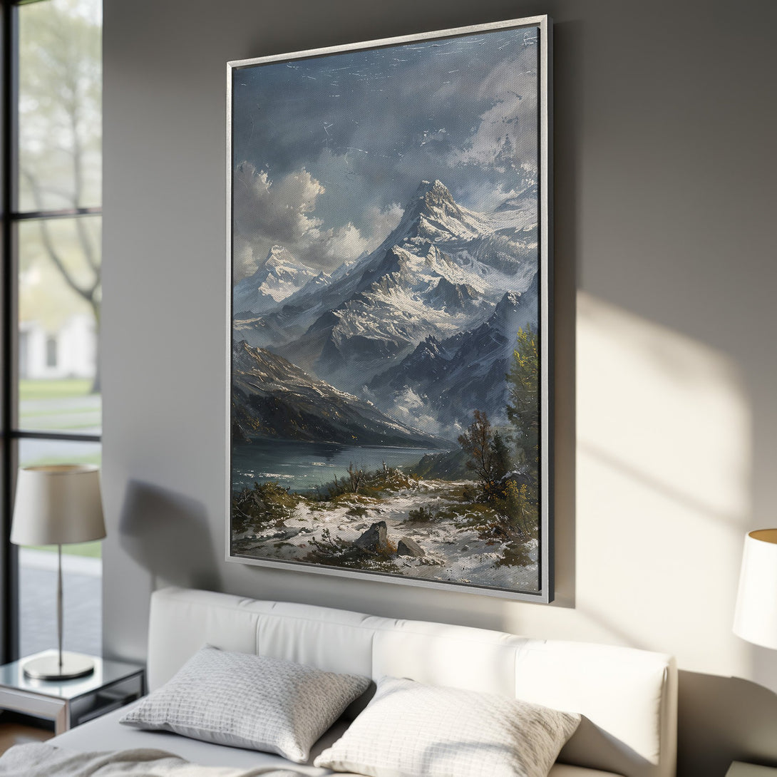 Framed Wall Art: Majestic mountain landscape Canvas Print in cool blue and grey tones. Add a touch of nature's beauty to your bedroom decor.