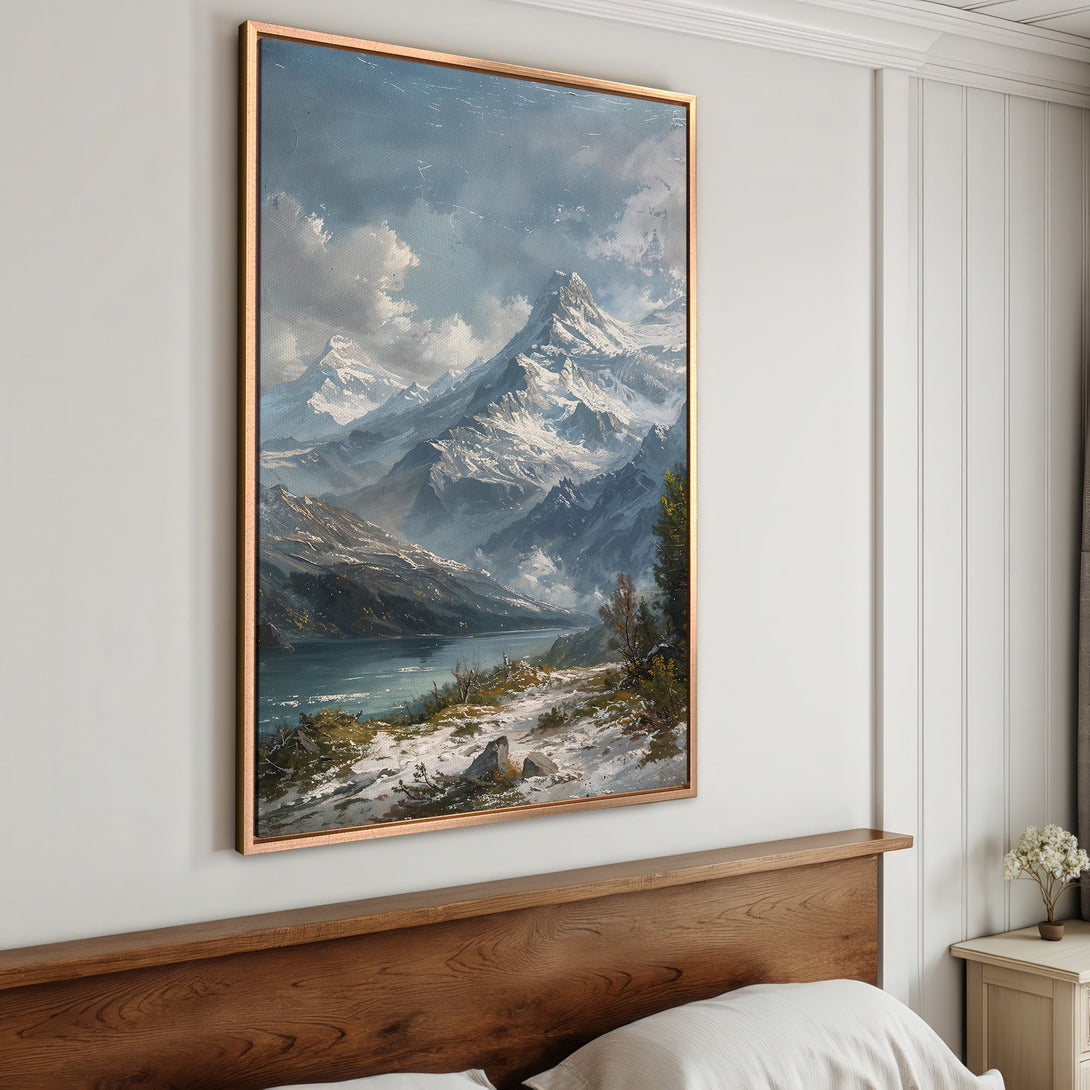Framed Wall Art: Majestic mountain landscape Canvas Print in cool blue and gray tones. Perfect for adding a touch of nature and serenity to your home decor.