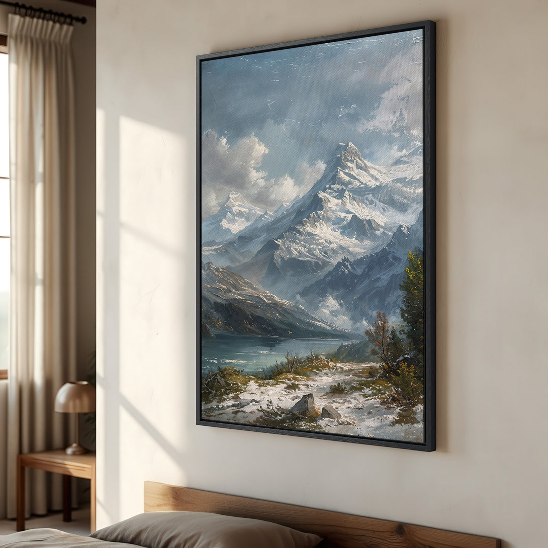 Framed Wall Art featuring a stunning mountain landscape painting in cool blue and grey tones. Perfect for adding a touch of nature to your home decor.