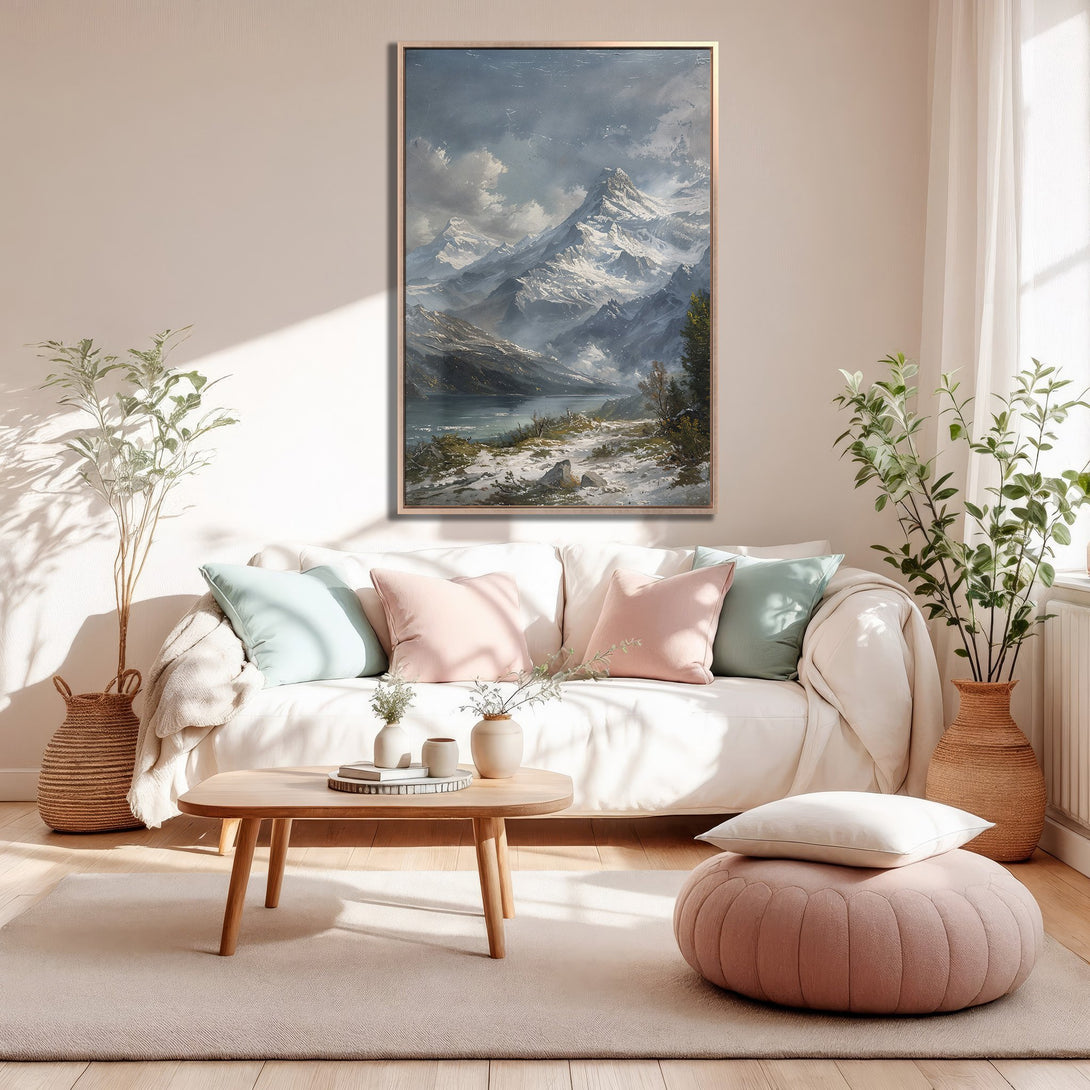 Framed Wall Art: Mountain landscape canvas print in a living room. Features a cool, muted color palette and a classic, painterly style. Perfect for home decor.