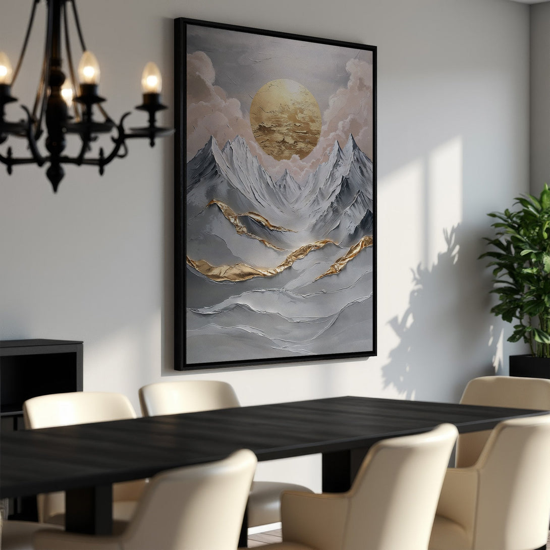 Framed Wall Art: Abstract mountain landscape Canvas Print in neutral gray, gold, and blush tones. Modern art for your home decor.