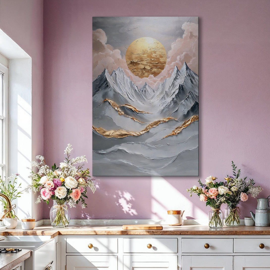Framed Wall Art: Abstract mountain landscape in neutral tones with gold accents. Modern art canvas print perfect for living room decor.