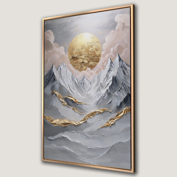 Framed Wall Art: Abstract mountain landscape in gray, white, and gold. Textured canvas print adds modern elegance to any space. Shop now!