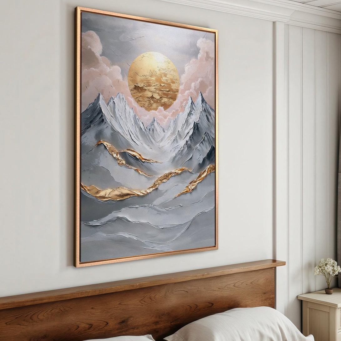 Framed Wall Art: Abstract mountain landscape in neutral gray, gold, and blush tones. Modern art for a serene bedroom. Elevate your space!