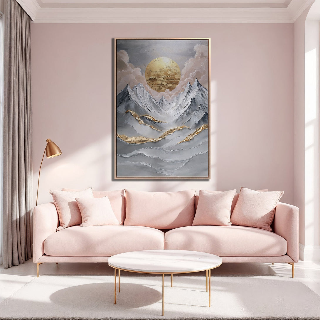 Framed Wall Art: Abstract mountain scene in gray, gold, and white. Adds a touch of modern elegance to any space. Perfect for living rooms!