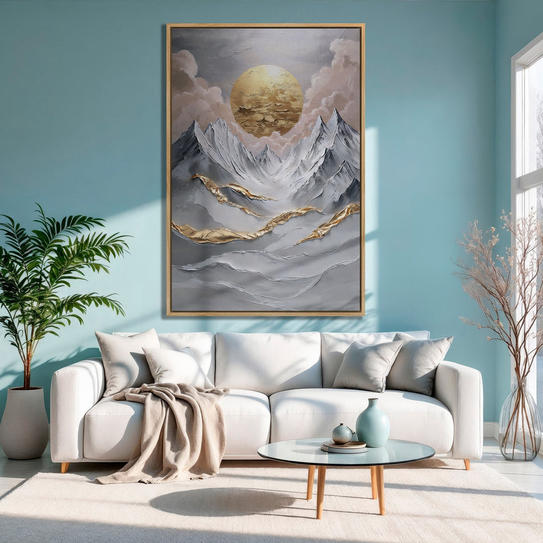 Framed Wall Art: Abstract mountain landscape in gray, gold, and neutral tones. Modern art for a stylish living room.