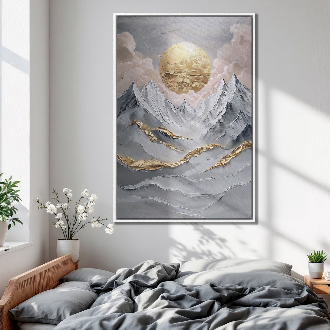 Framed Wall Art: Abstract mountain landscape in neutral gray and gold tones. Modern art canvas print for bedroom decor.