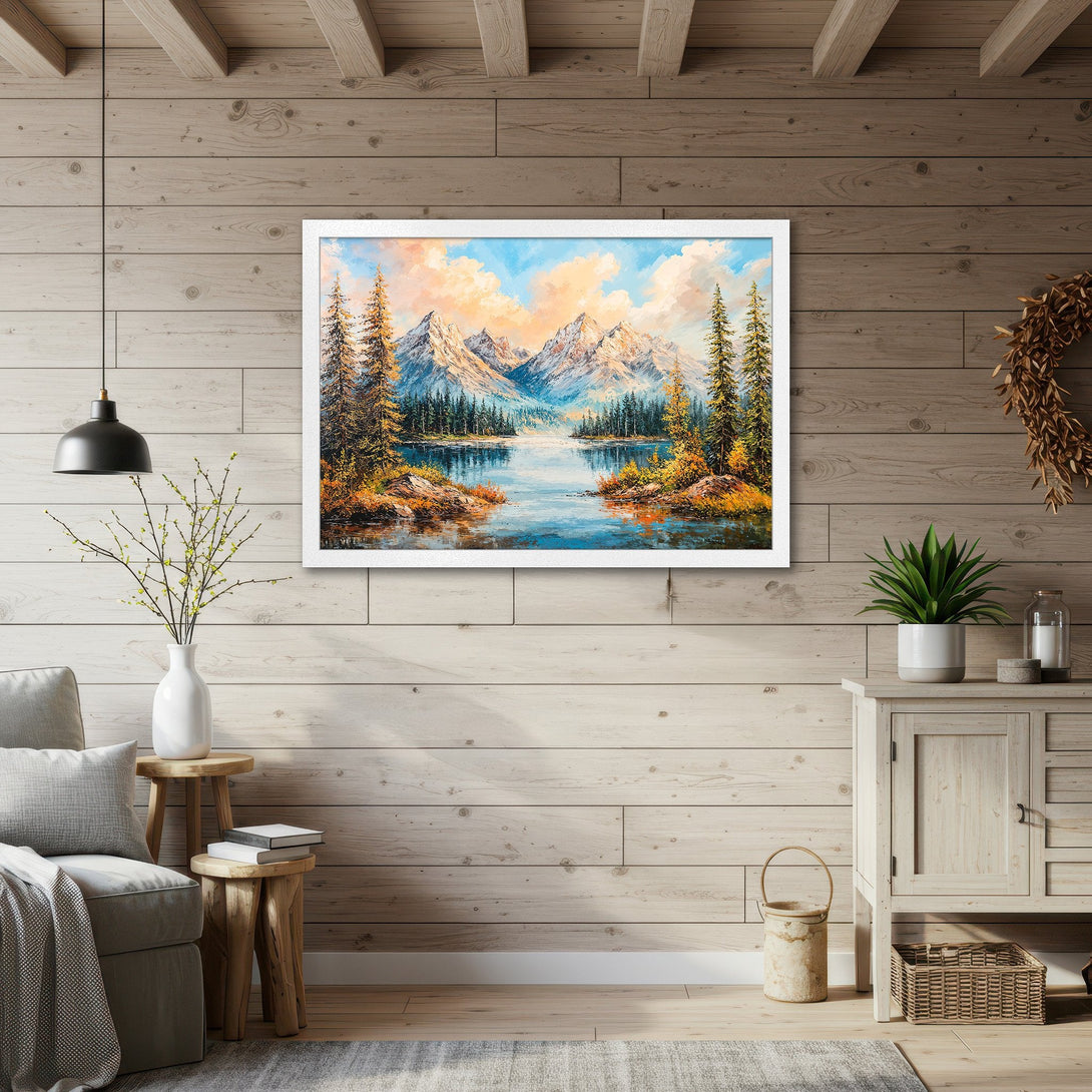 Framed Poster of a mountain lake landscape in a warm, inviting style. Features a vibrant color palette of blues, oranges, and greens. Perfect wall art!