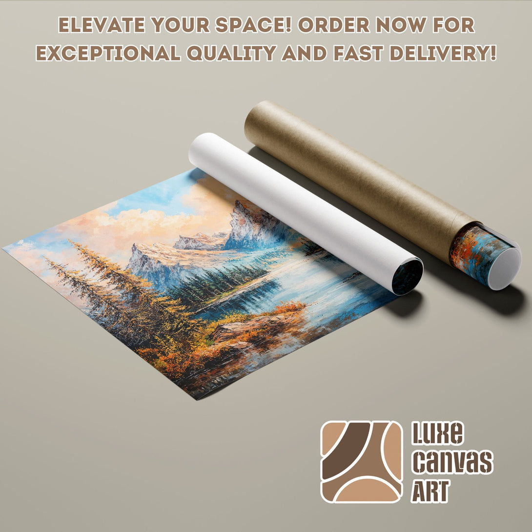 Scenic landscape poster roll, impressionist style, featuring blues, oranges, and greens. Order yours today!
